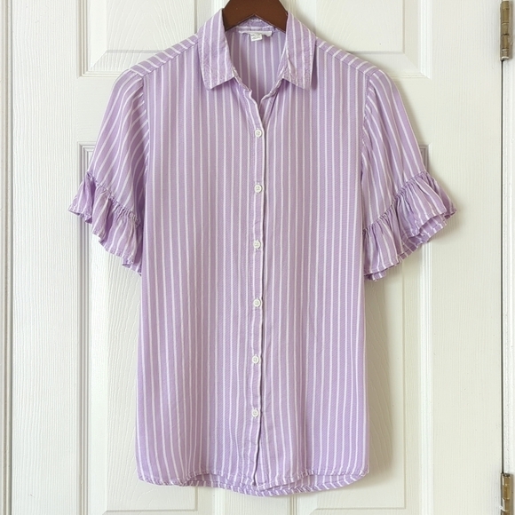 beachlunchlounge Tops - Beach Lunch Lounge Striped Ruffled Short Sleeve Button Down Blouse Purple XS